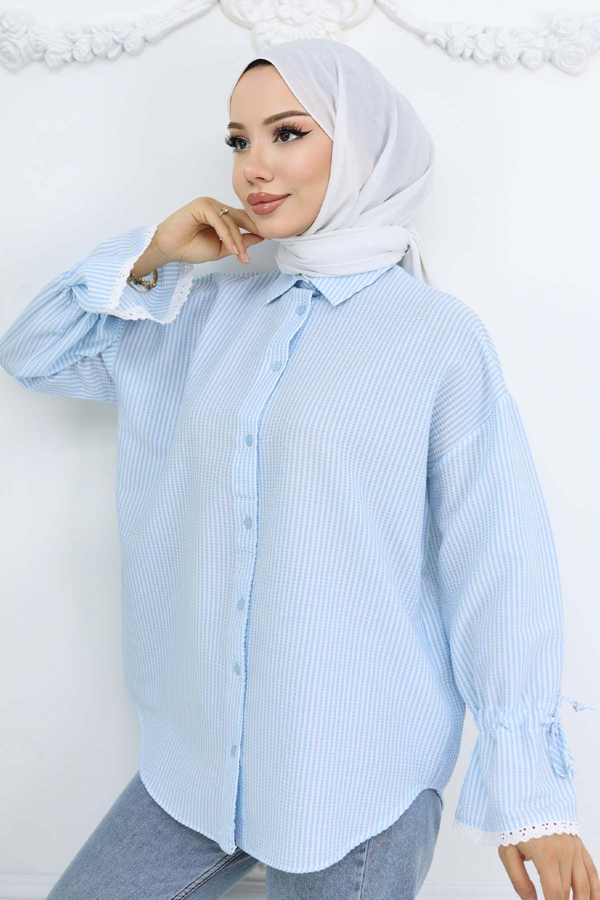 Striped Shirt With Scalloped Sleeves