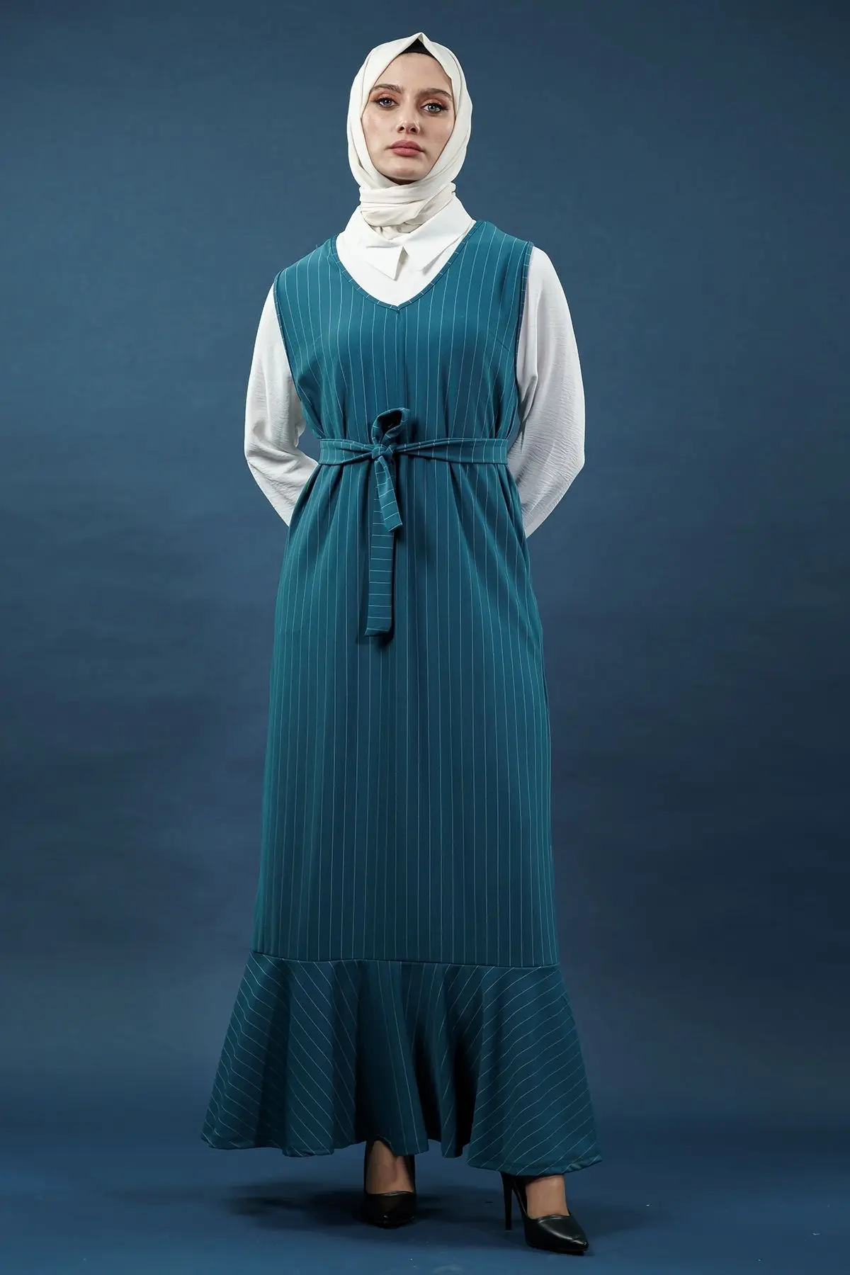 Striped Shirted Gilet Dress Emerald-detail