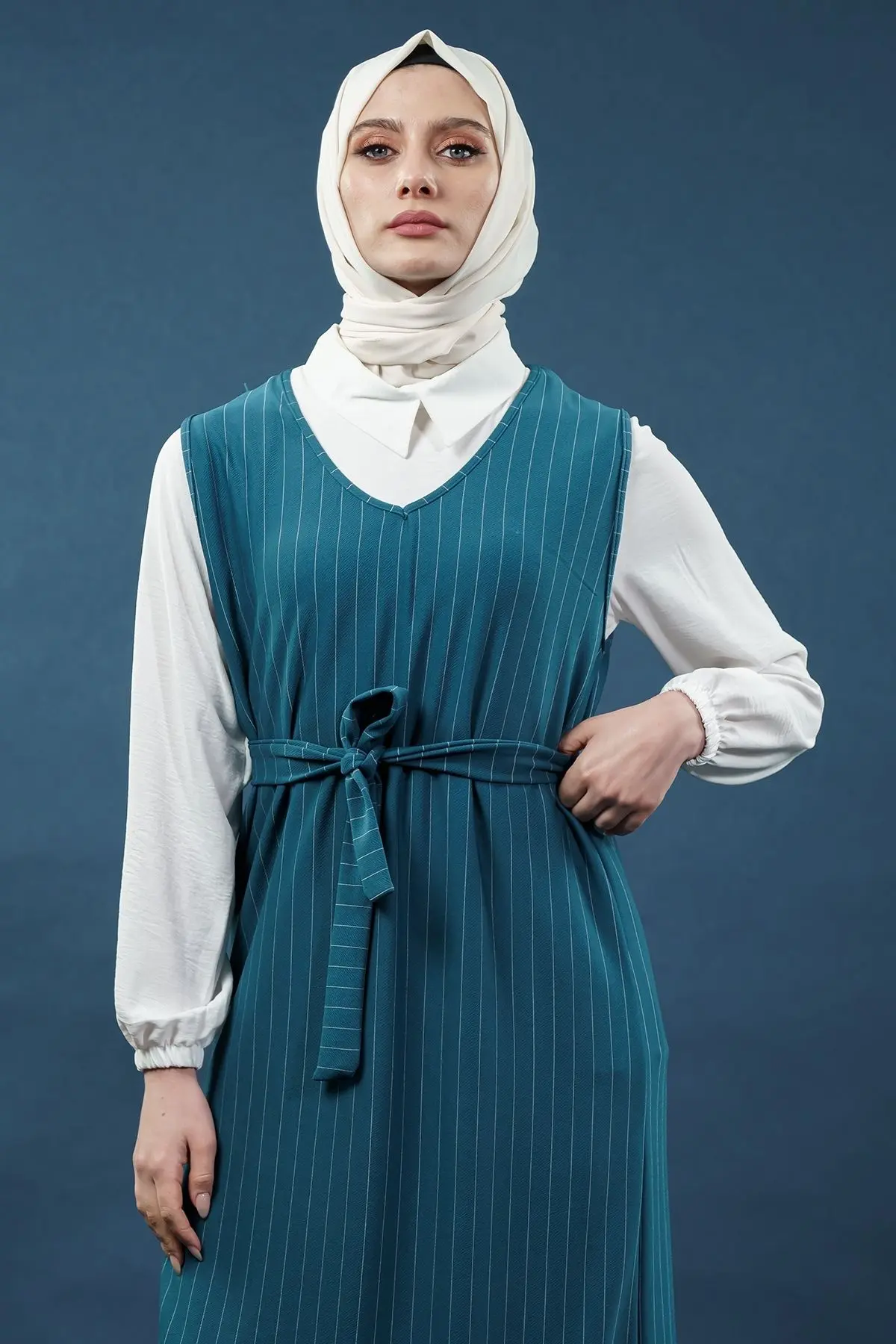Striped Shirted Gilet Dress Emerald-detail