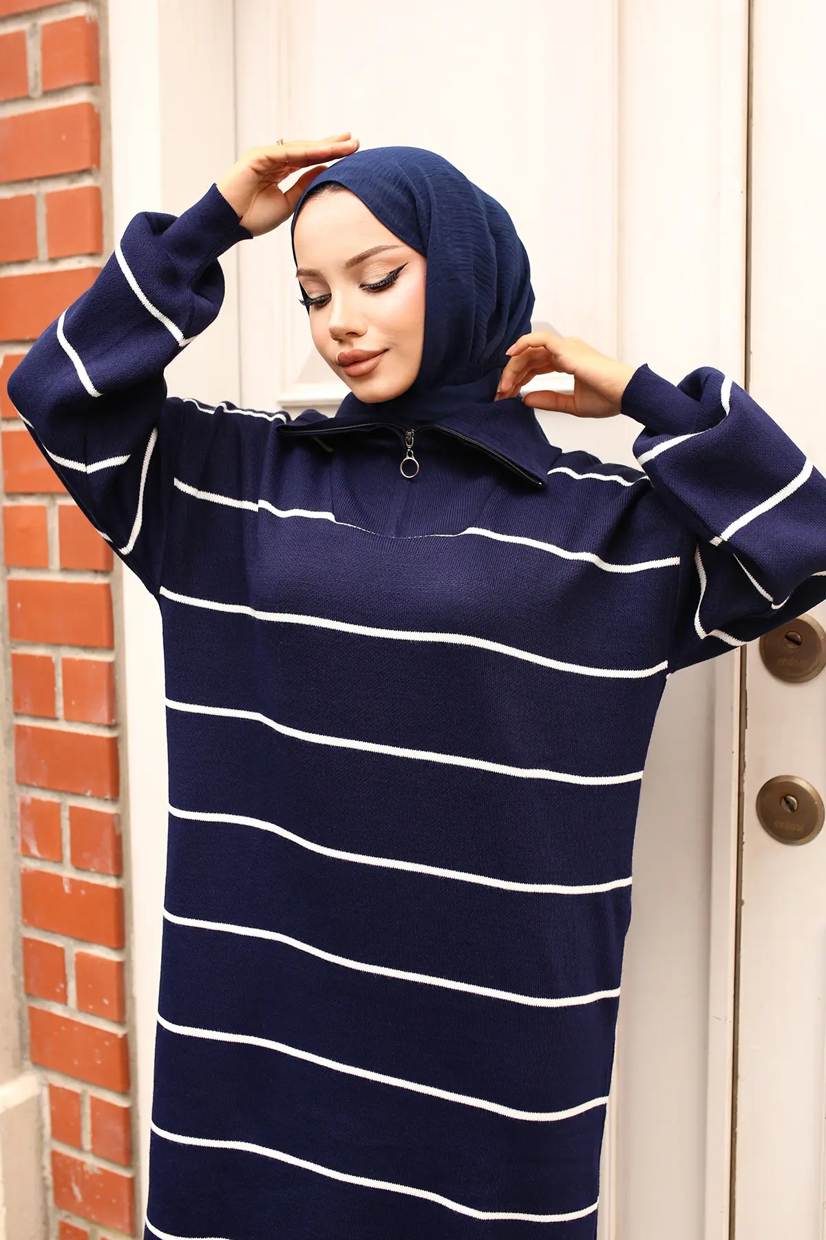 Striped Sweater Dress With Zipper Detail On Collar-detail