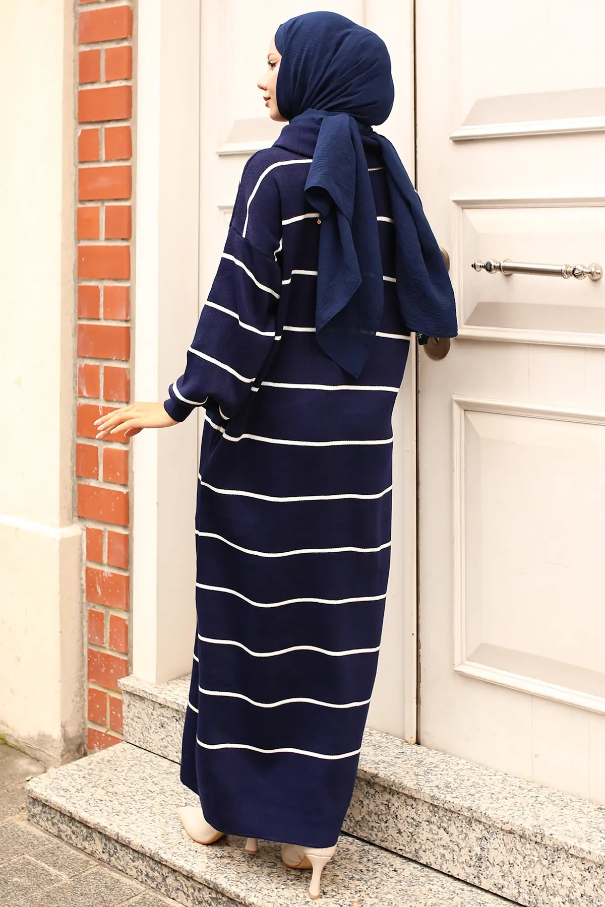 Striped Sweater Dress With Zipper Detail On Collar-detail