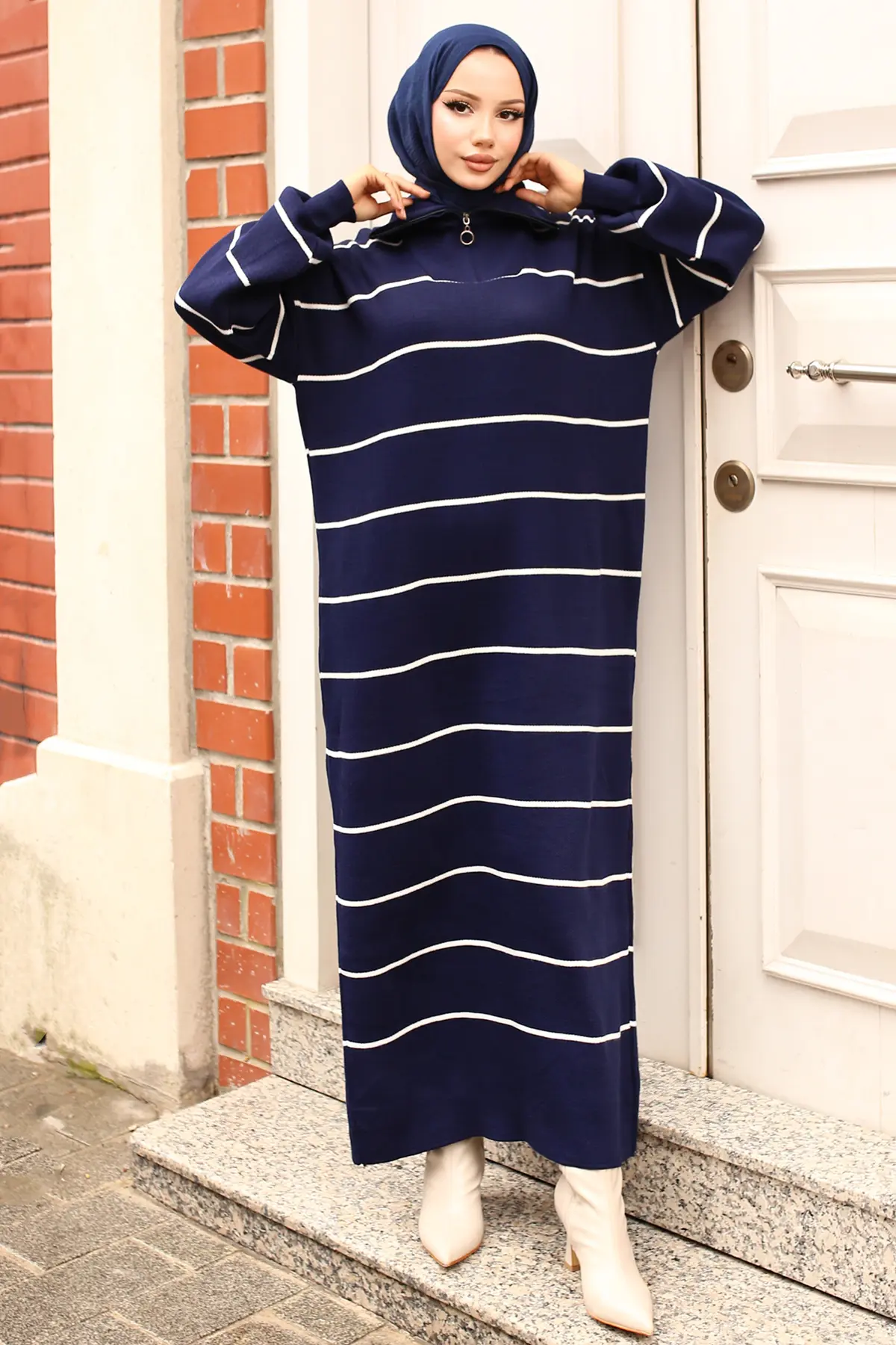 Striped Sweater Dress With Zipper Detail On Collar