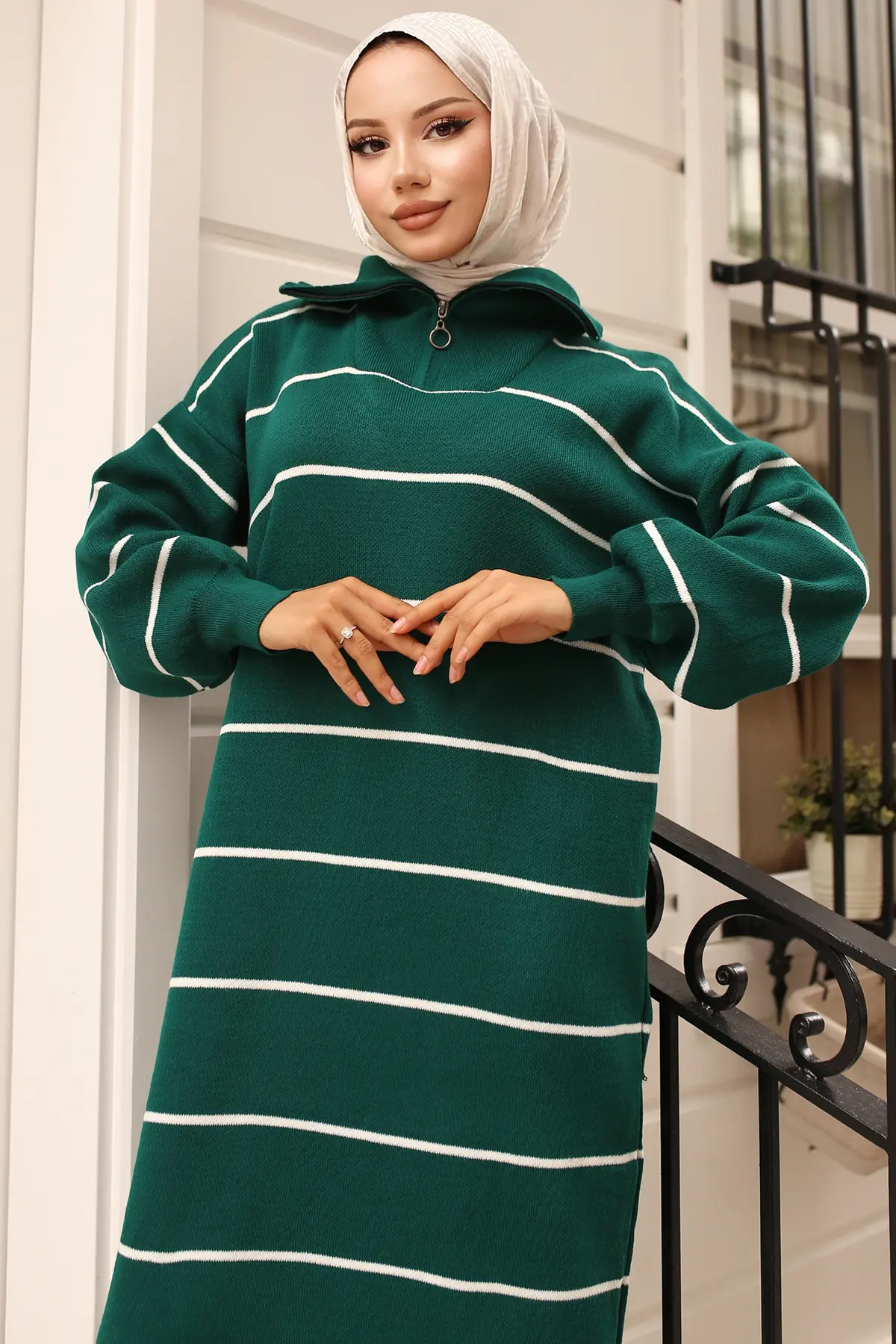 Striped Sweater Dress With Zipper Detail On Collar-detail