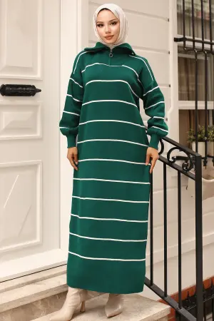 Striped Sweater Dress With Zipper Detail On Collar