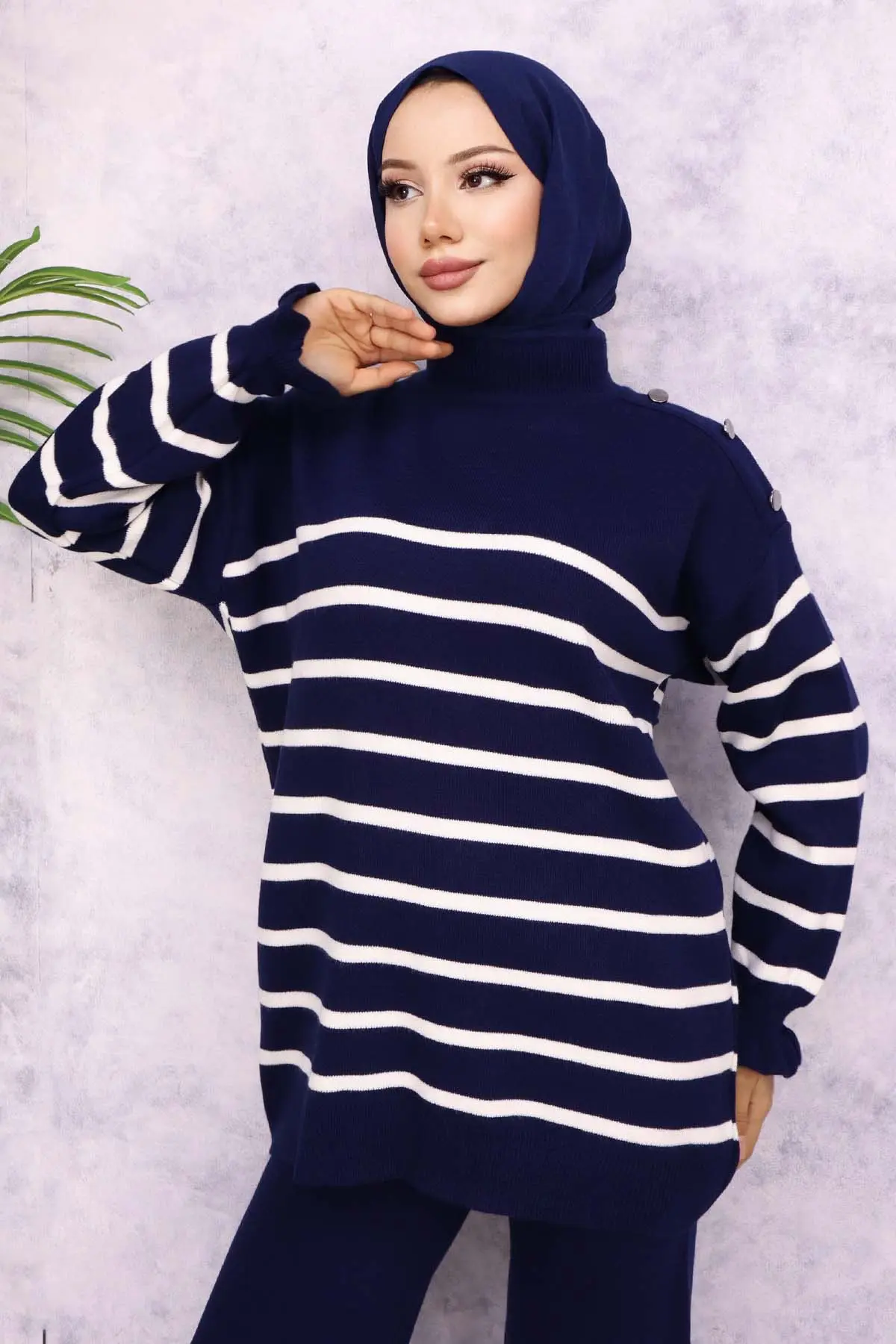 Striped Sweater Suit With Buttoned Shoulder-detail