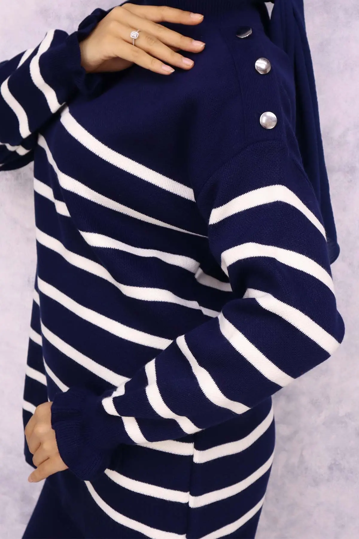 Striped Sweater Suit With Buttoned Shoulder-detail
