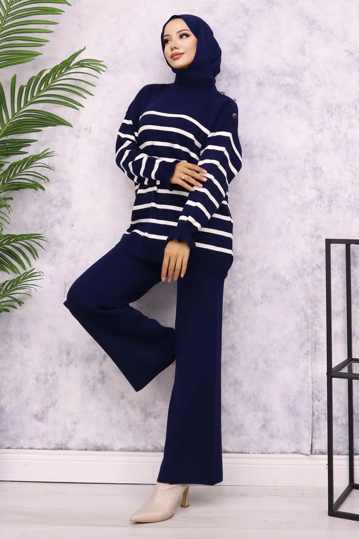 Striped Sweater Suit With Buttoned Shoulder-detail