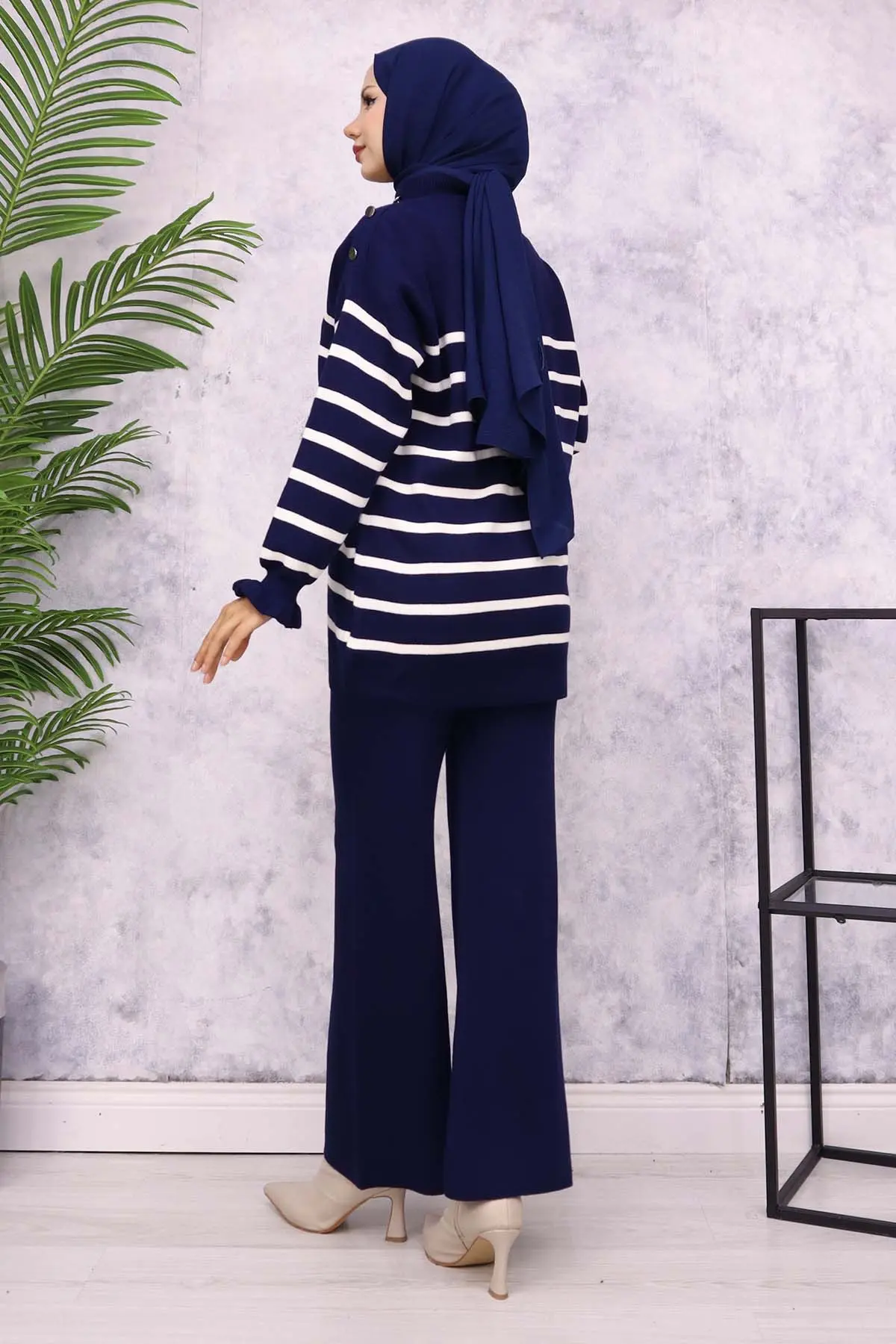 Striped Sweater Suit With Buttoned Shoulder-detail