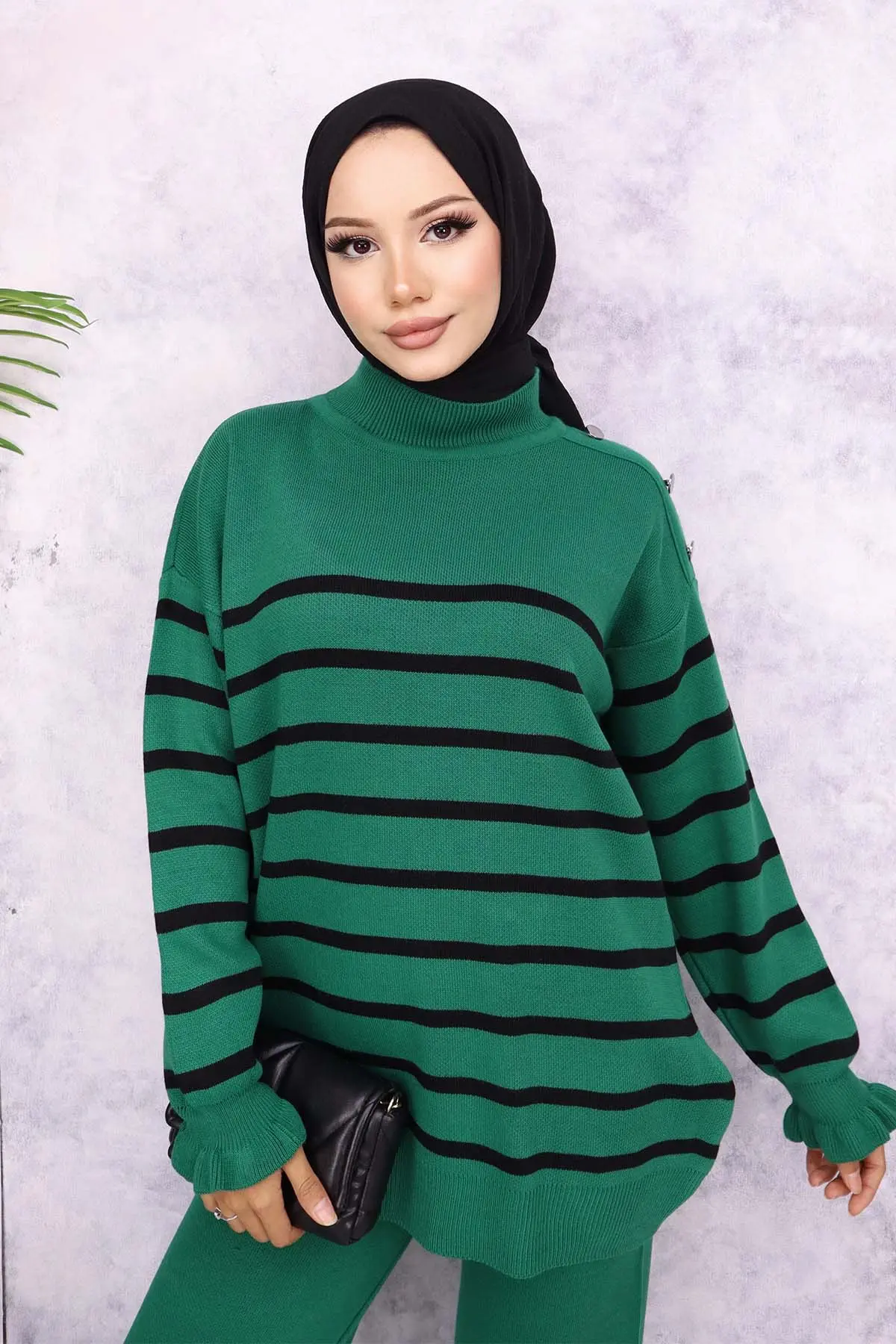 Striped Sweater Suit With Buttoned Shoulder-detail