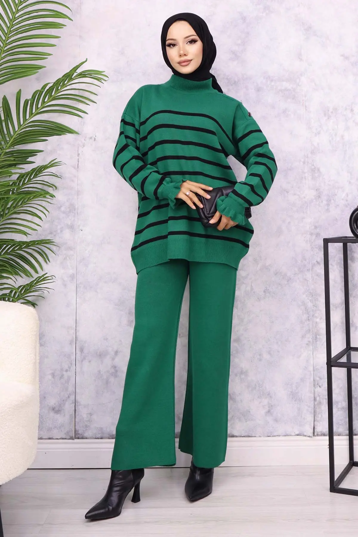 Striped Sweater Suit With Buttoned Shoulder-detail