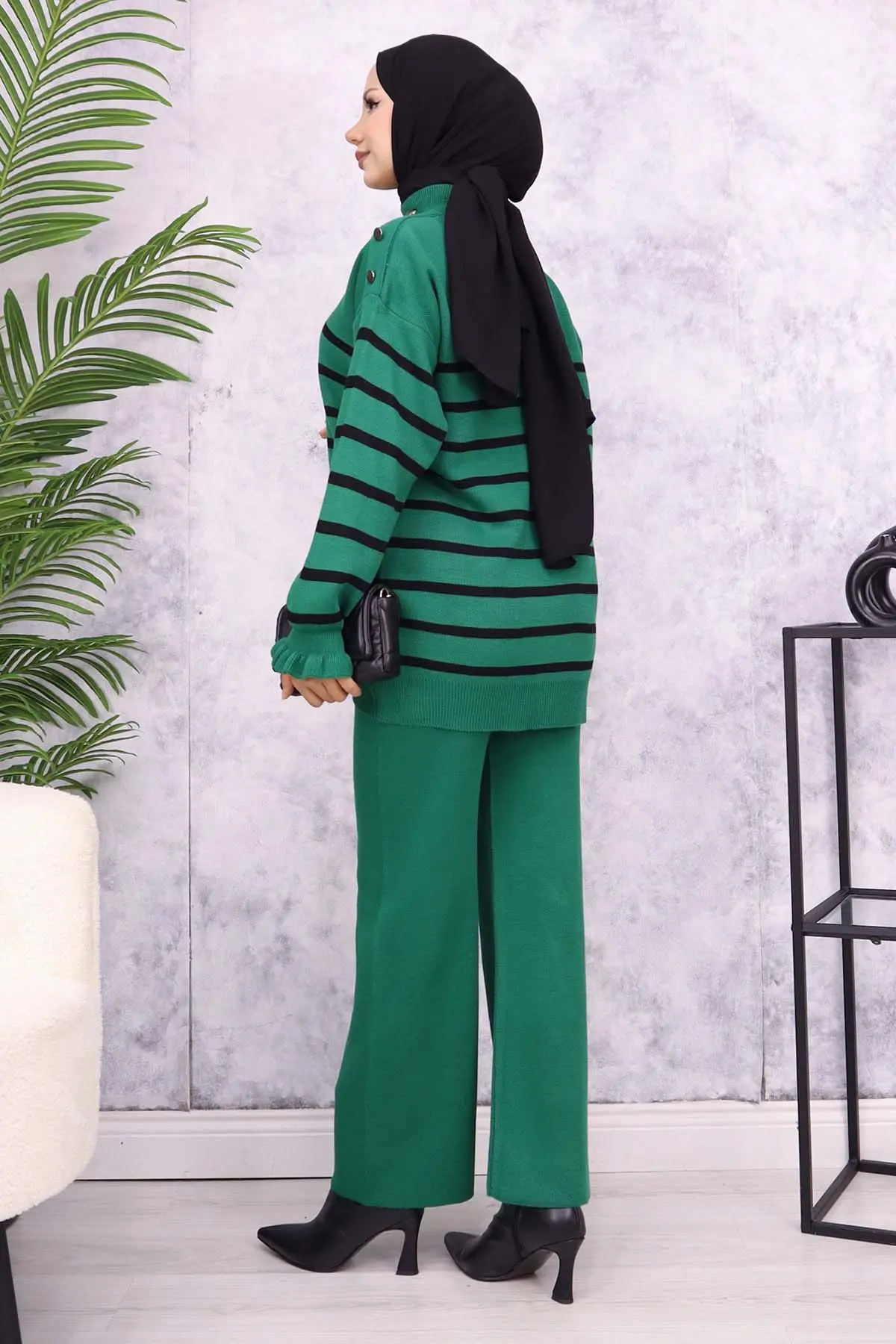 Striped Sweater Suit With Buttoned Shoulder-detail