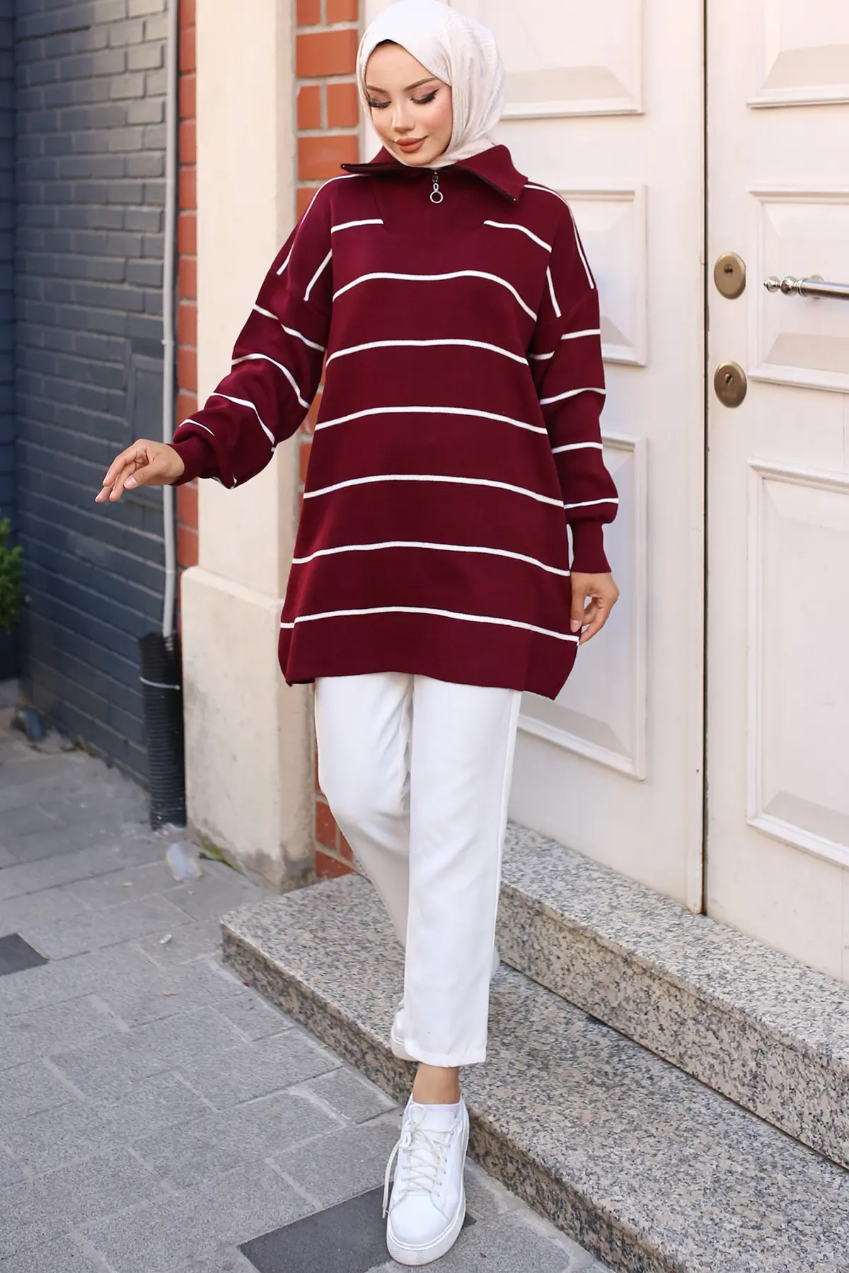 Striped Sweater Tunic With Zipped Collar-detail