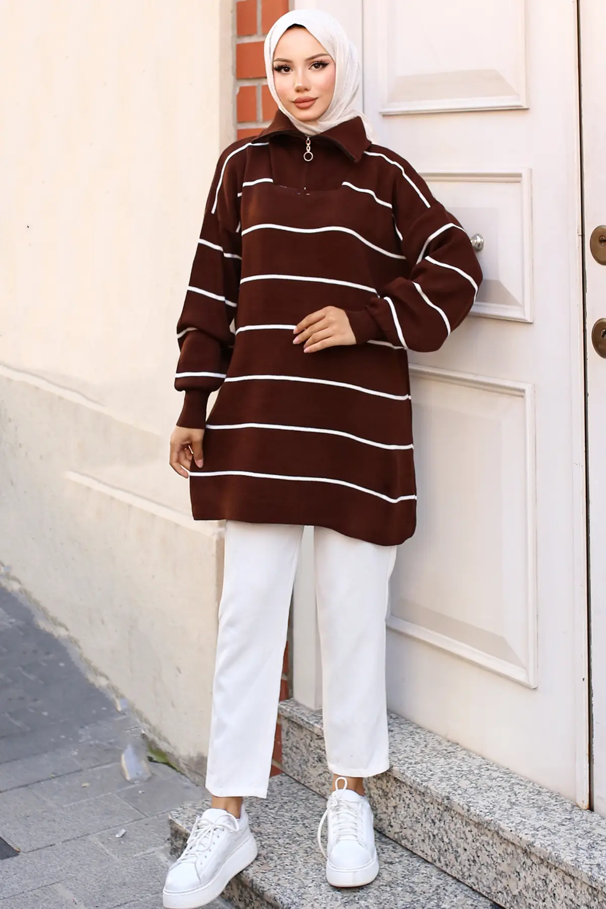 Striped Sweater Tunic With Zipped Collar-detail