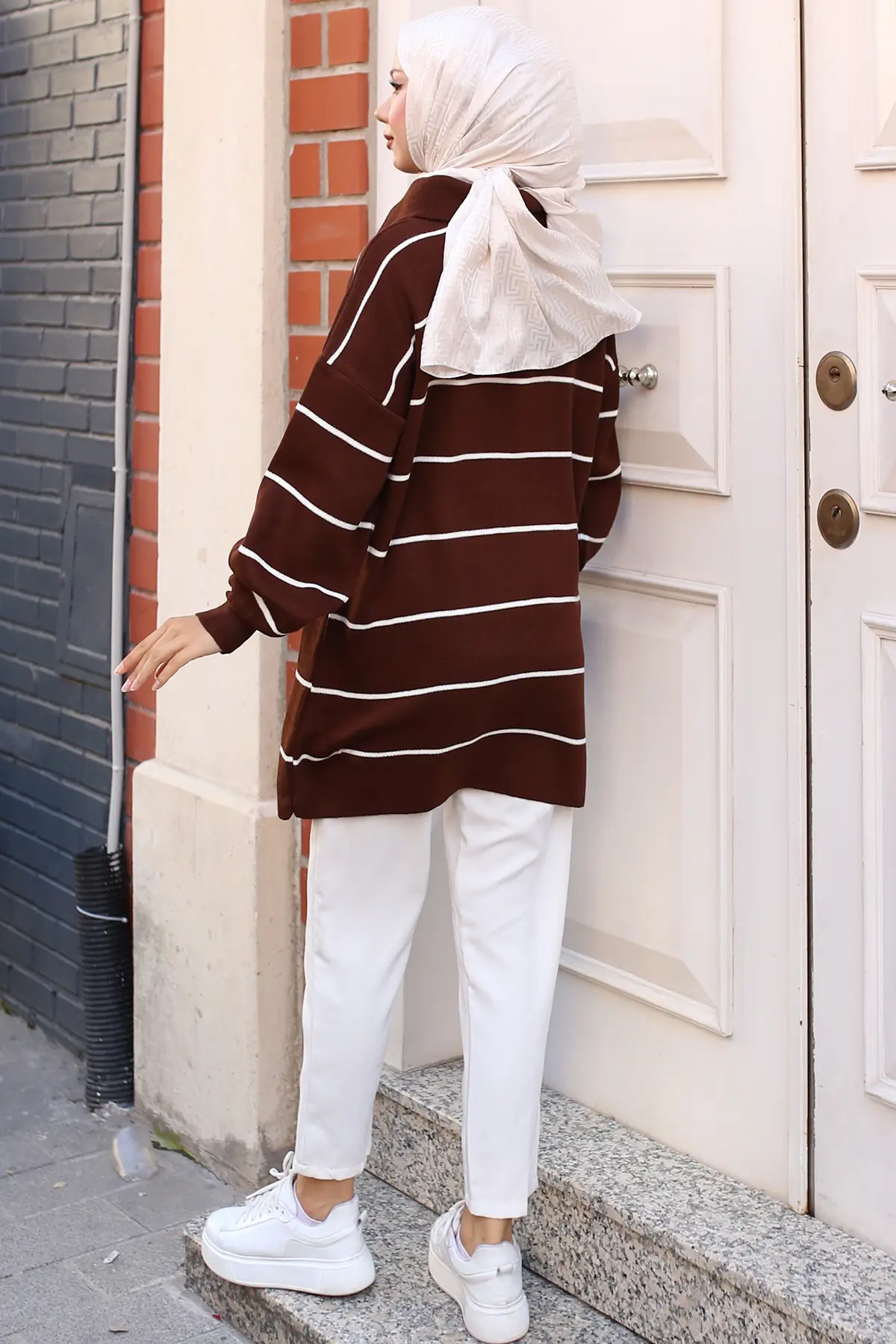 Striped Sweater Tunic With Zipped Collar-detail