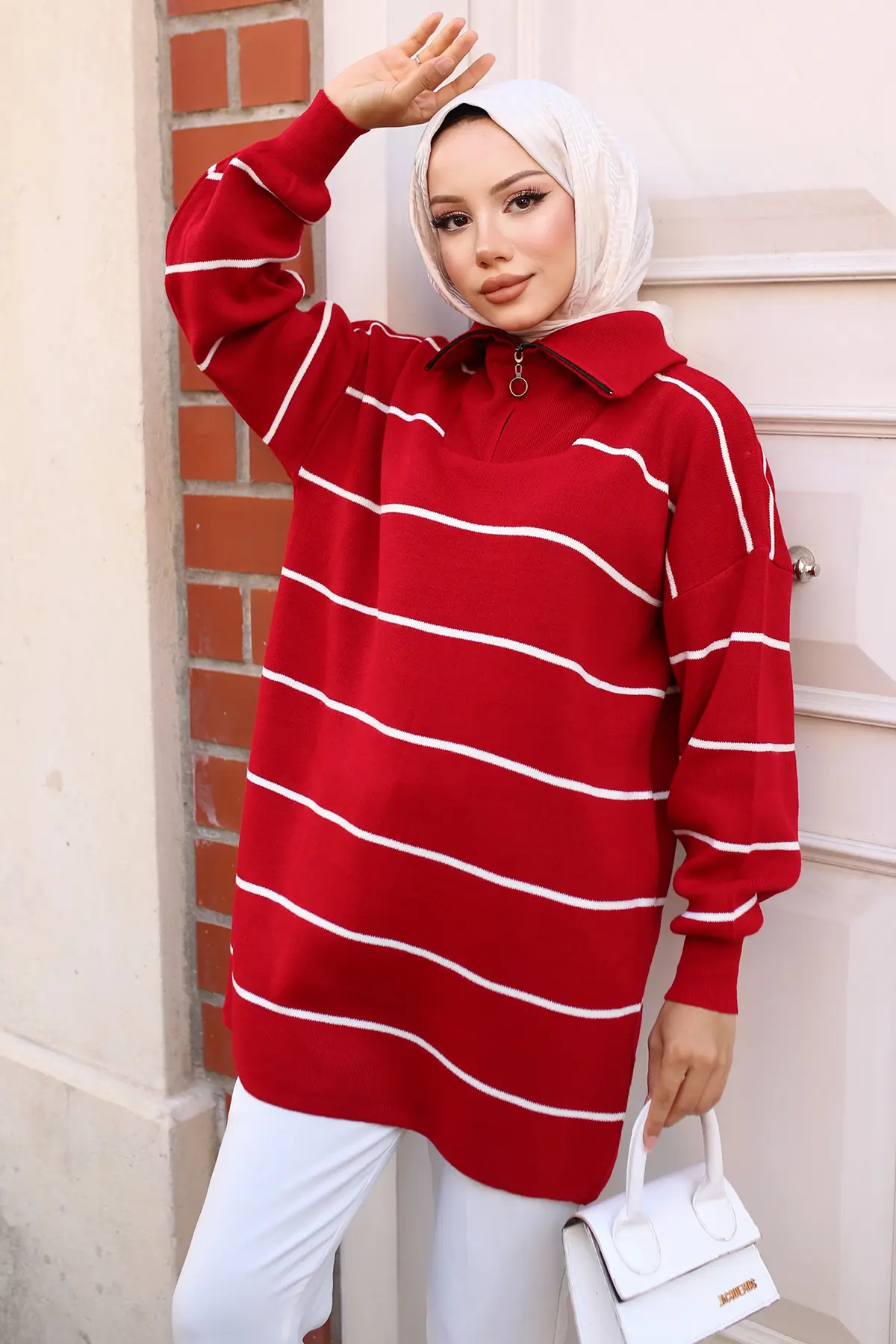 Striped Sweater Tunic With Zipped Collar-detail