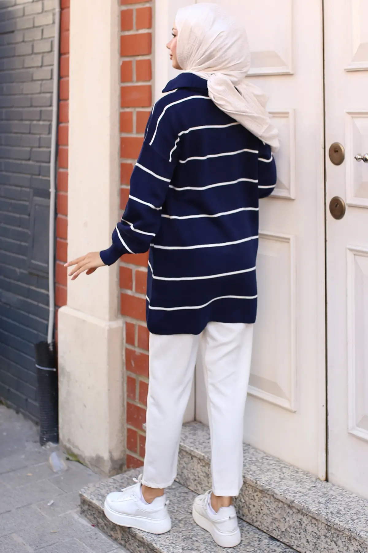 Striped Sweater Tunic With Zipped Collar-detail