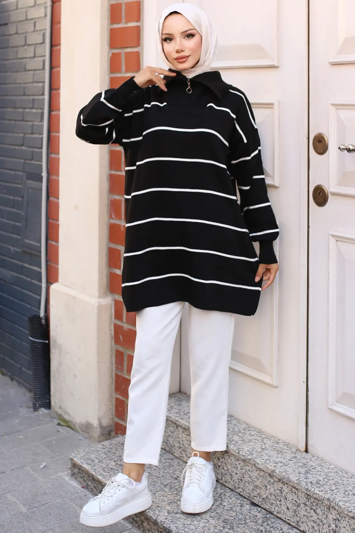 Striped Sweater Tunic With Zipped Collar-detail