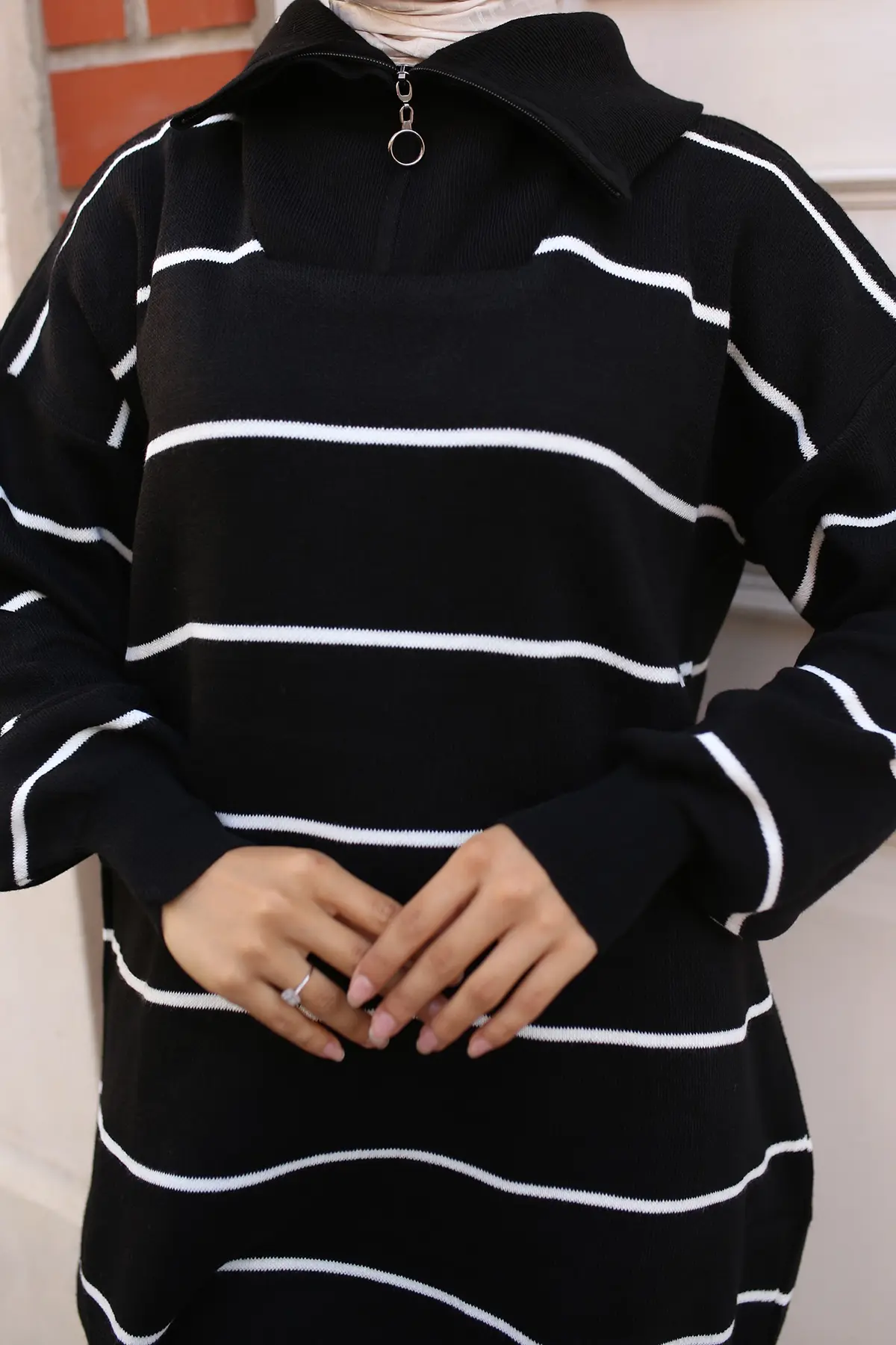 Striped Sweater Tunic With Zipped Collar-detail