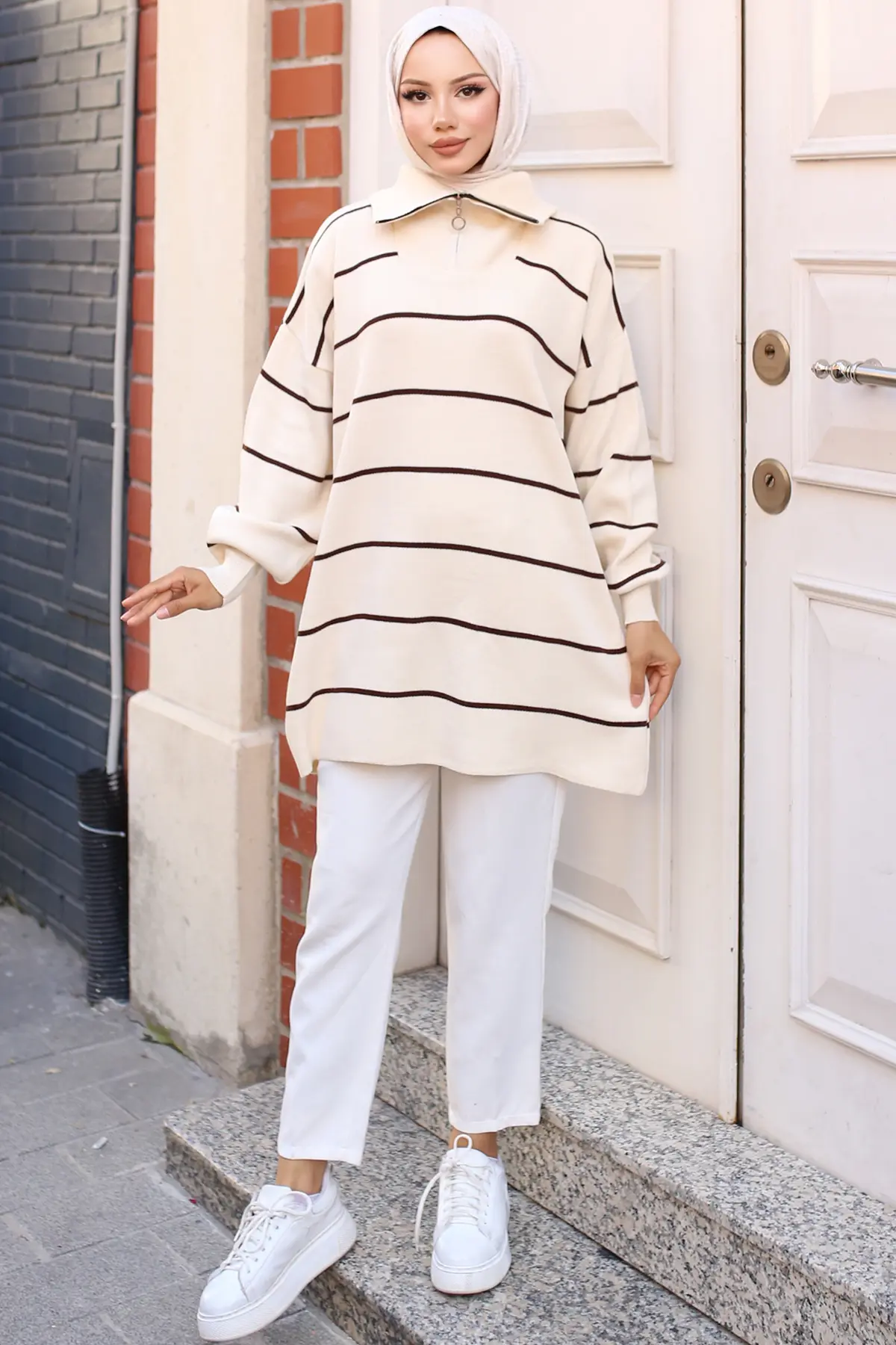 Striped Sweater Tunic With Zipped Collar-detail