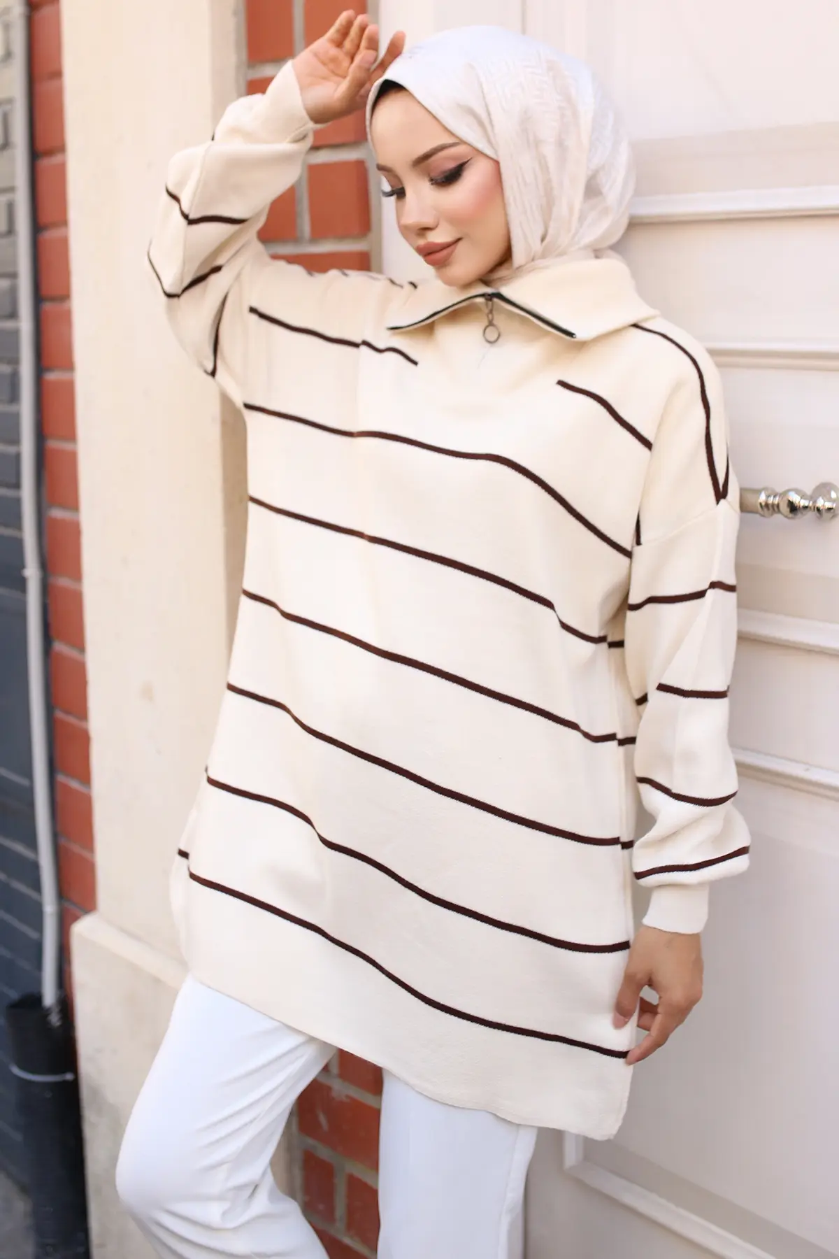 Striped Sweater Tunic With Zipped Collar-detail