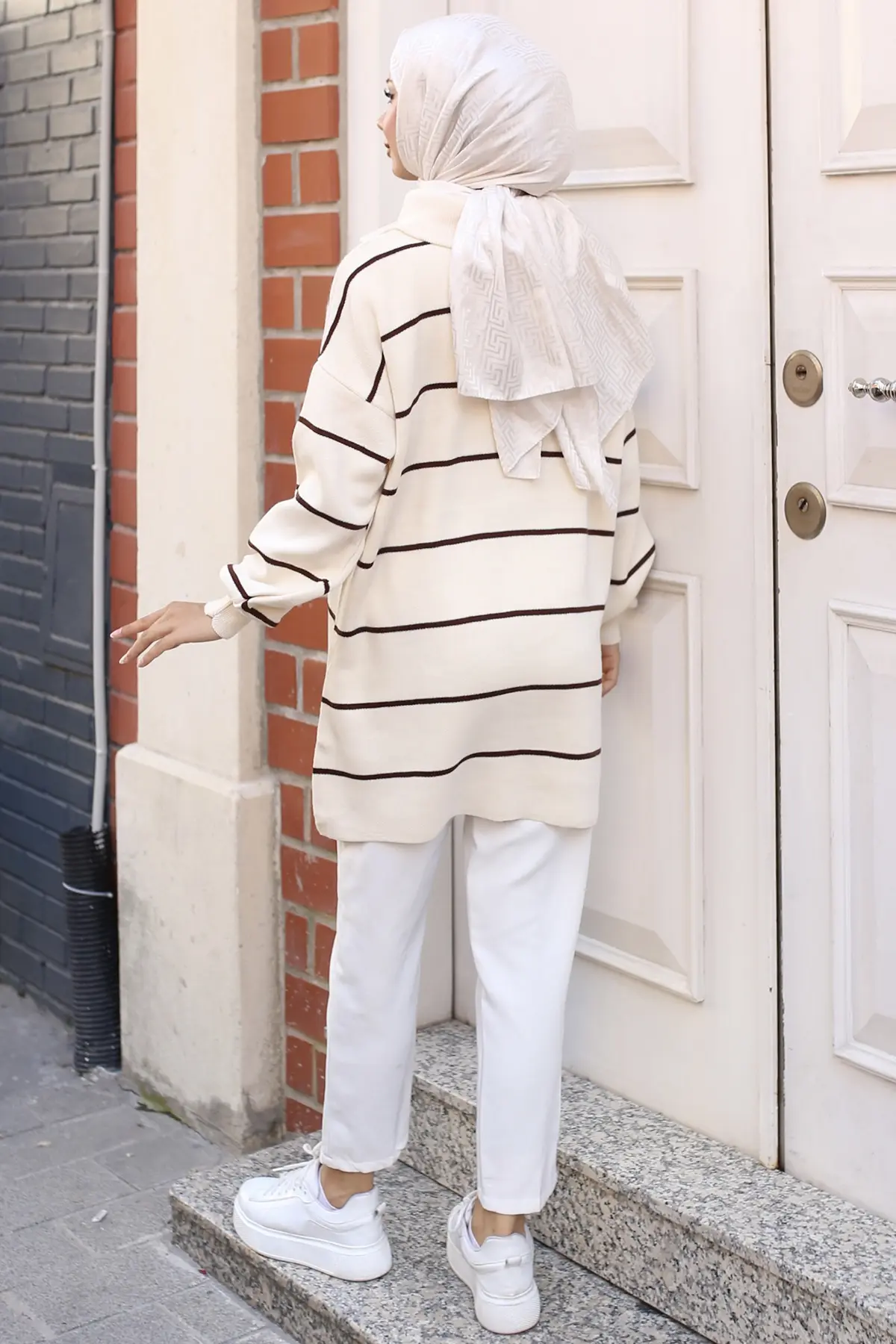 Striped Sweater Tunic With Zipped Collar-detail