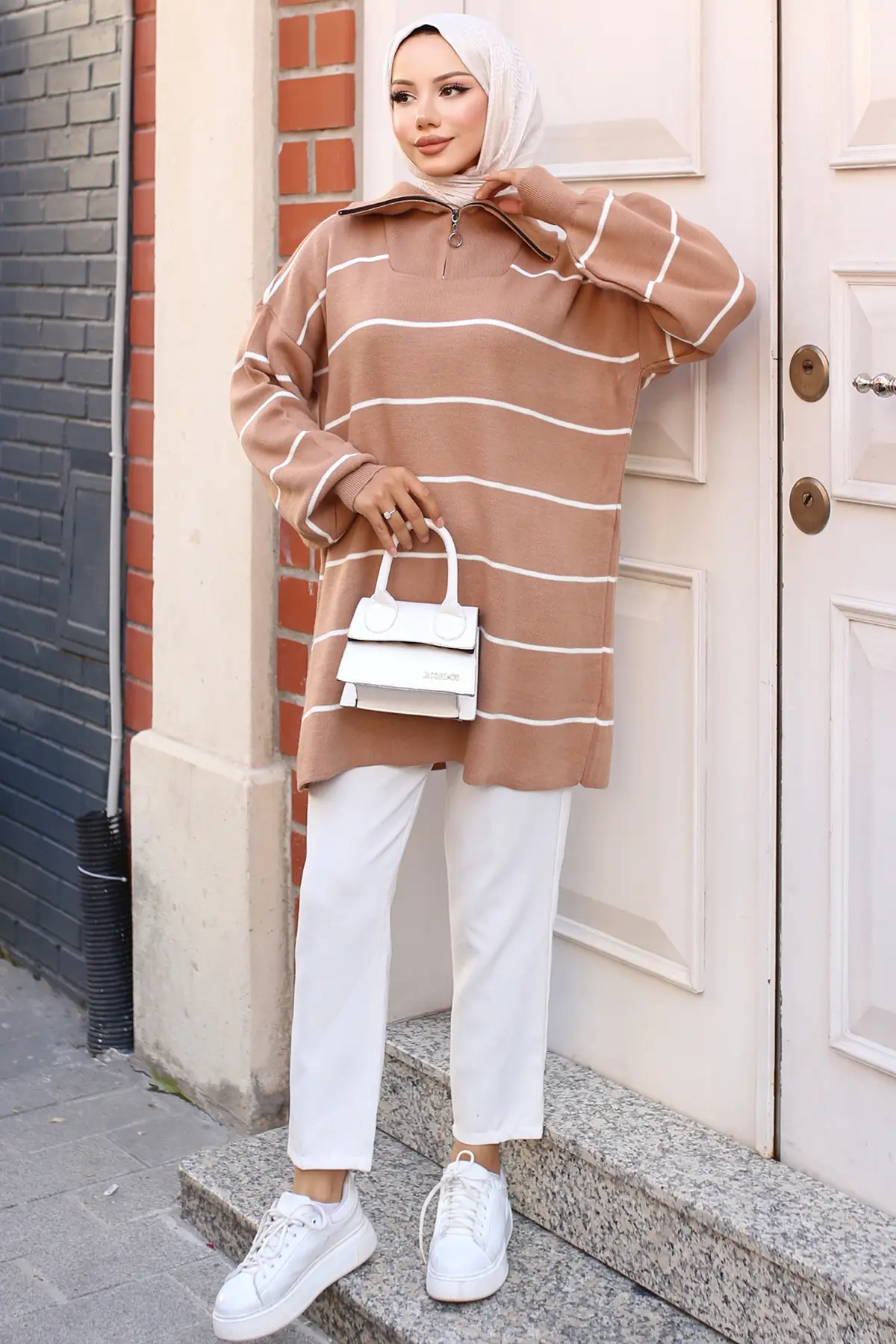 Striped Sweater Tunic With Zipped Collar-detail