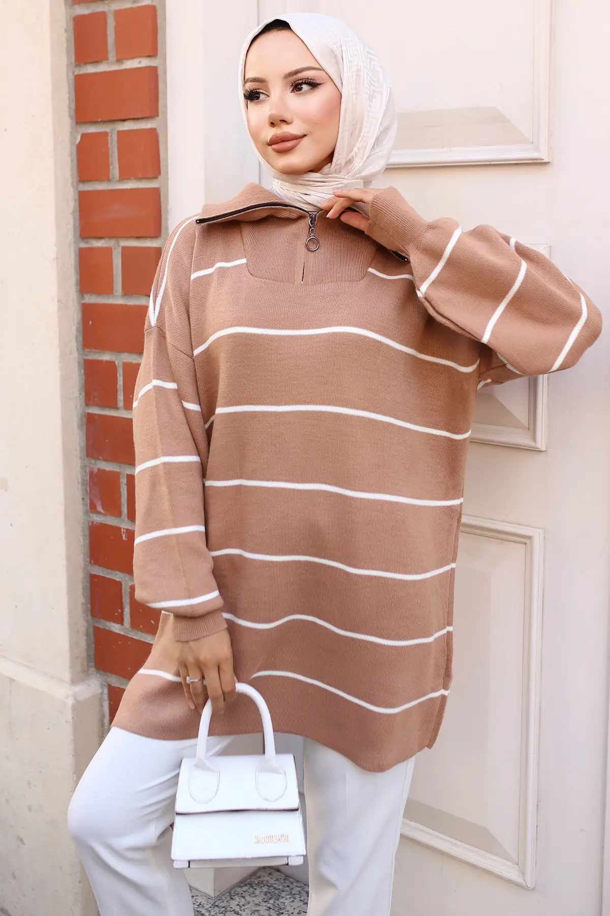 Striped Sweater Tunic With Zipped Collar-detail