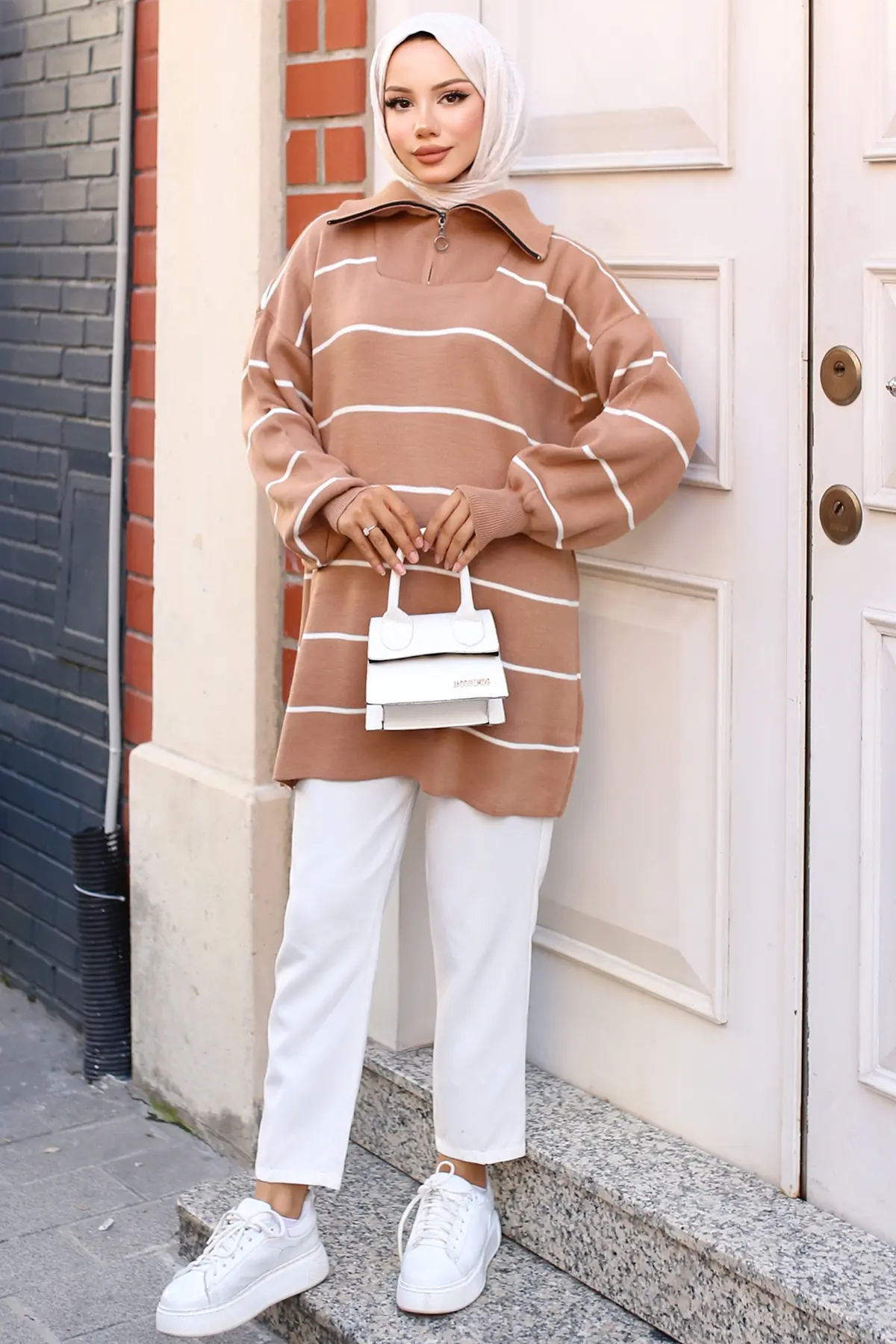 Striped Sweater Tunic With Zipped Collar-detail