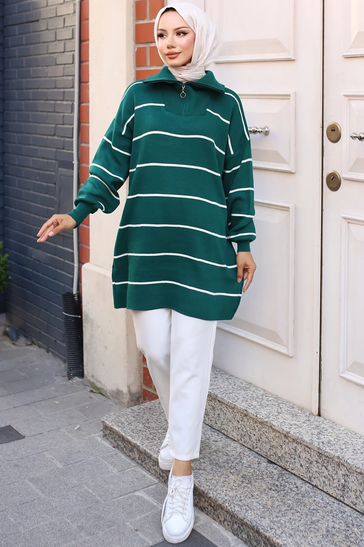 Striped Sweater Tunic With Zipped Collar-detail