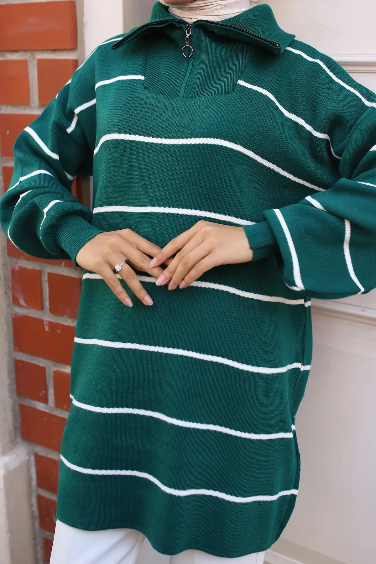 Striped Sweater Tunic With Zipped Collar-detail