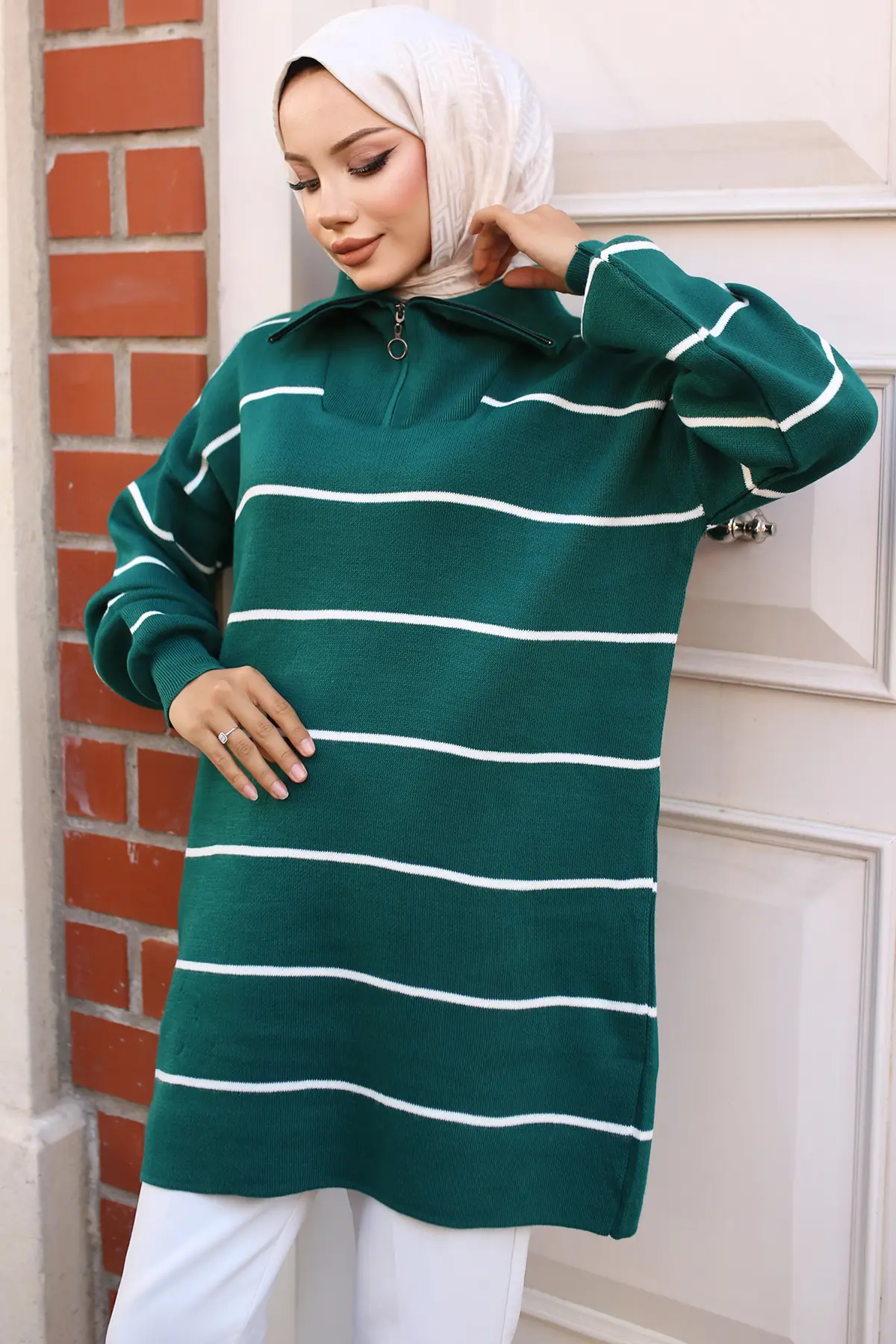 Striped Sweater Tunic With Zipped Collar-detail