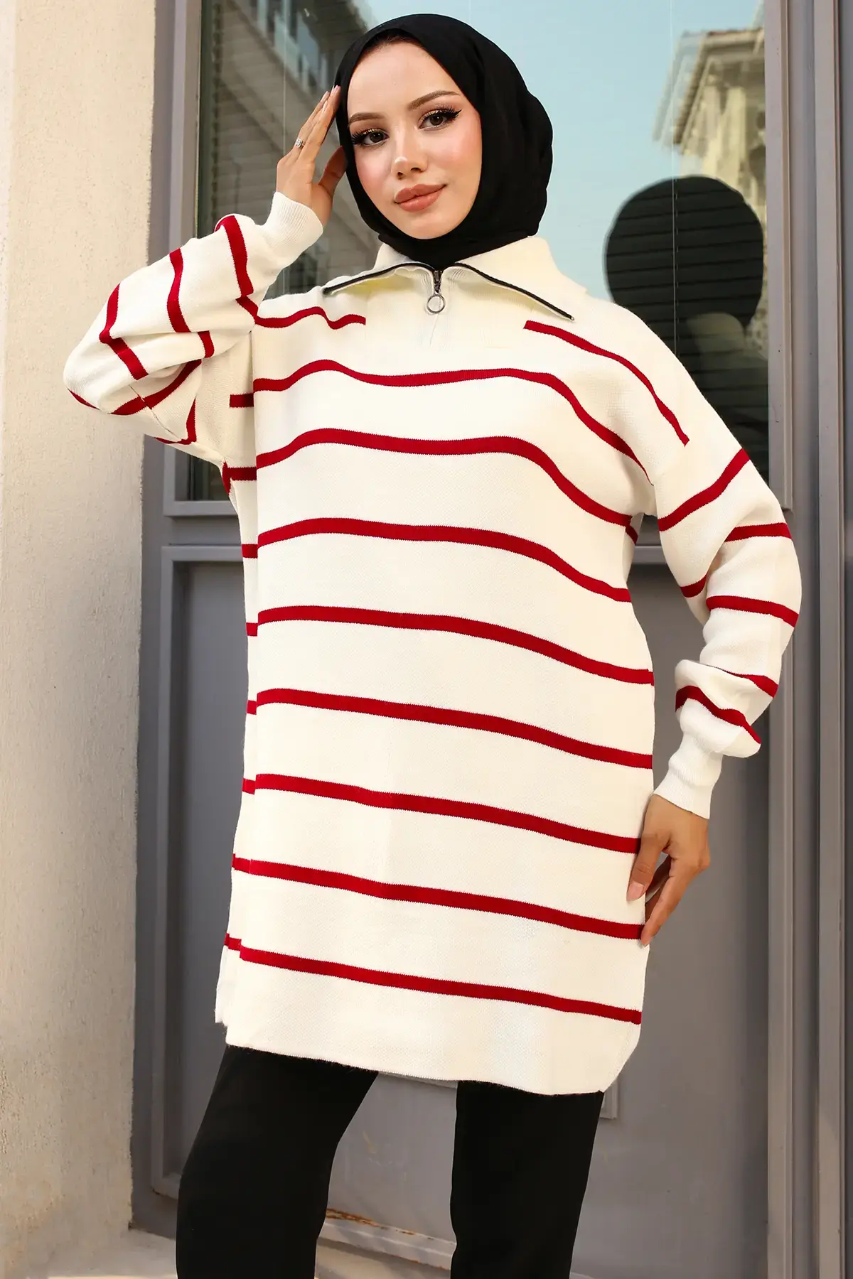 Striped Sweater Tunic With Zipper Collar