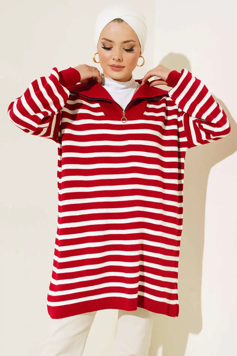 Striped Sweater With Zipper Collar-detail