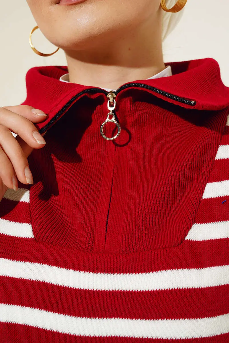 Striped Sweater With Zipper Collar-detail