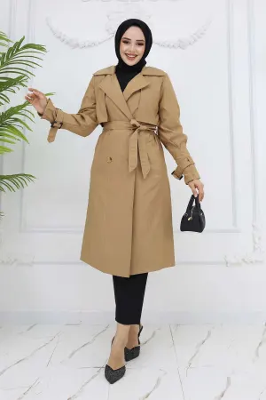 Striped Trench Coat With Waist And Arm Belt
