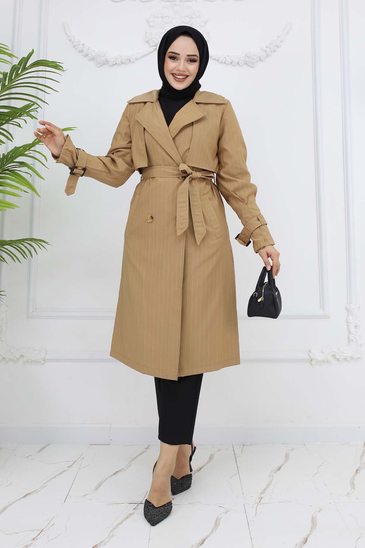 Striped Trench Coat With Waist And Arm Belt