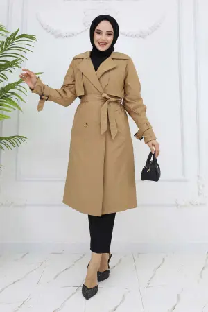 Striped Trench Coat With Waist And Arm Belt