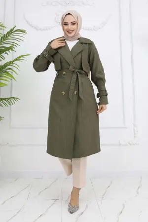 Striped Trench Coat With Waist And Arm Belt