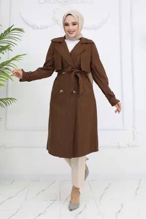 Striped Trench Coat With Waist And Arm Belt