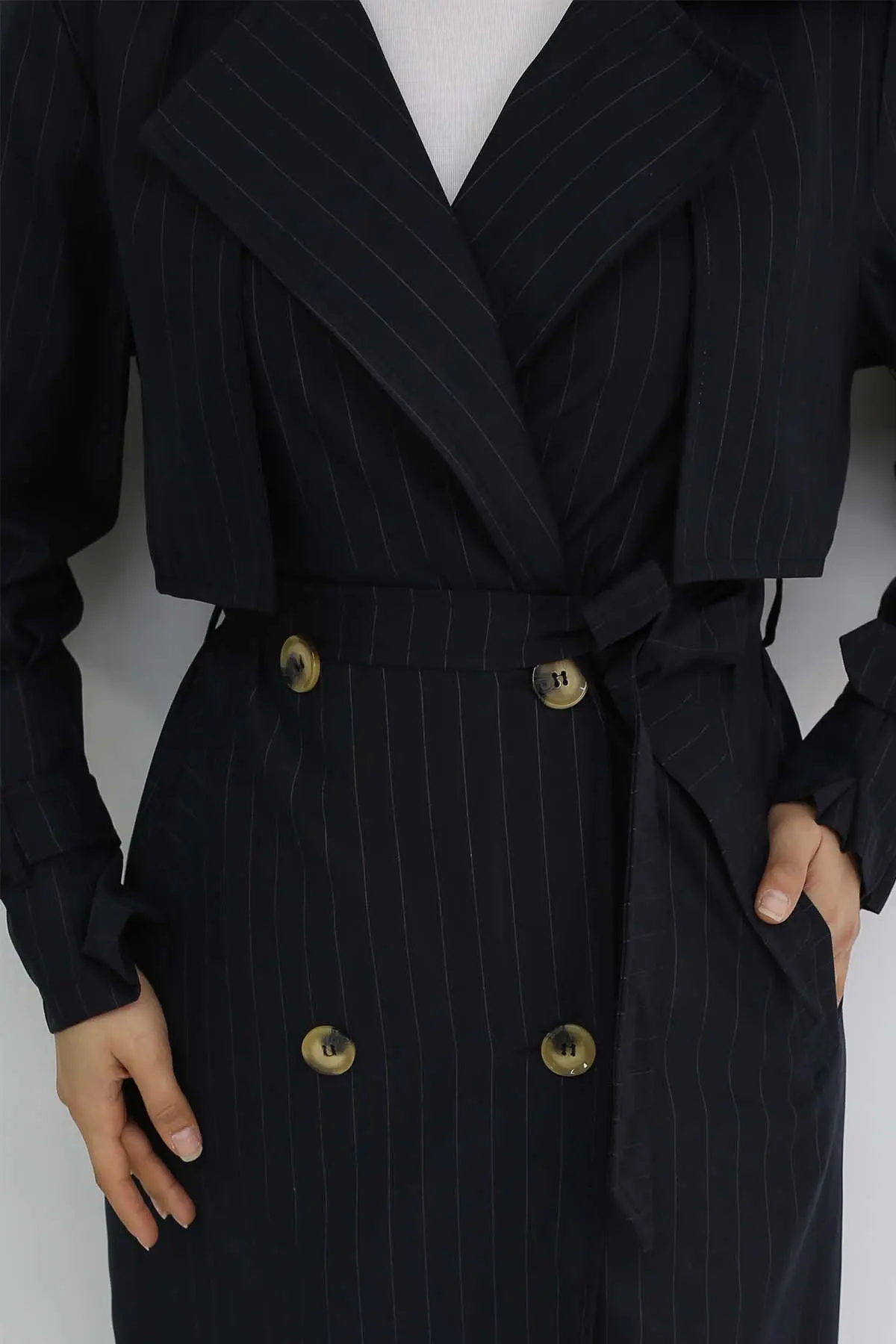 Striped Trench Coat With Waist And Arm Belt-detail