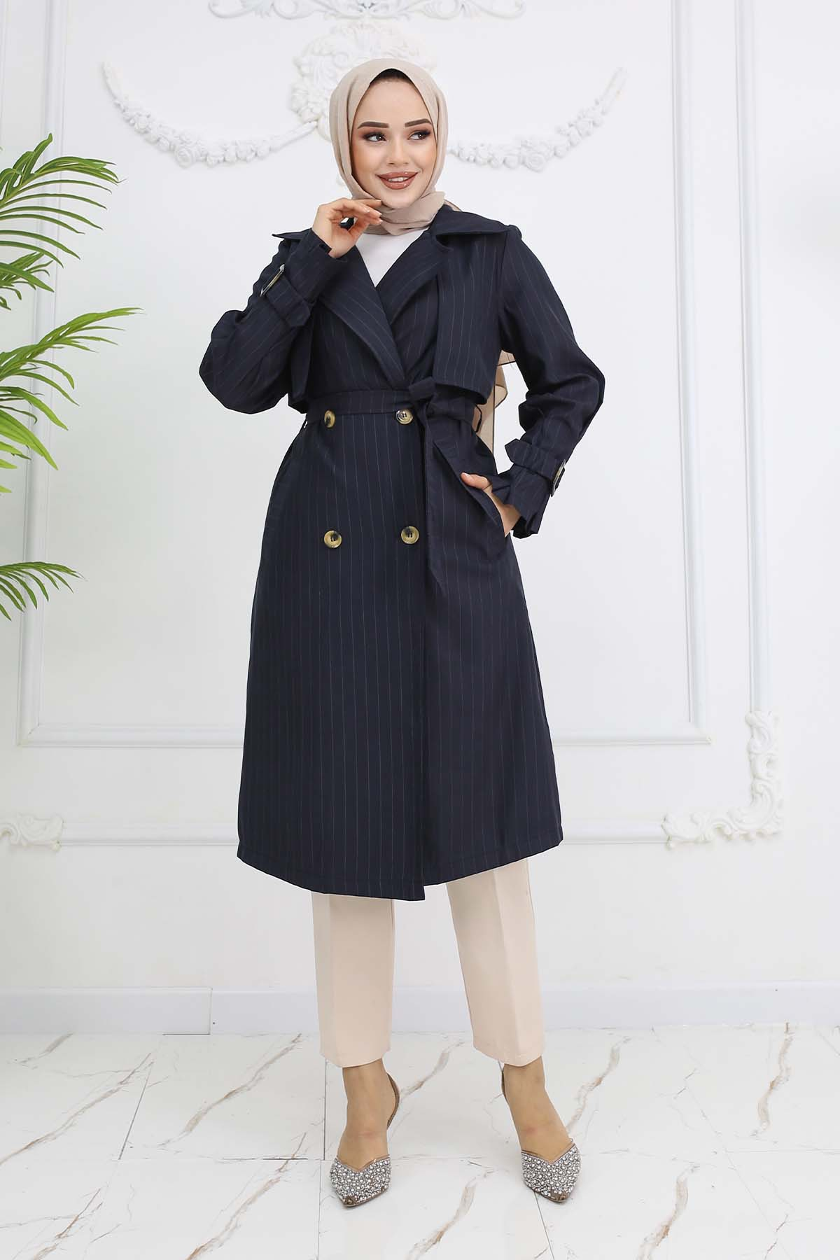 Striped Trench Coat With Waist And Arm Belt