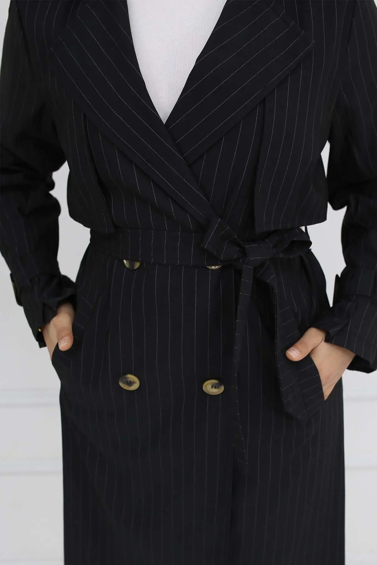 Striped Trench Coat With Waist And Arm Belt-detail