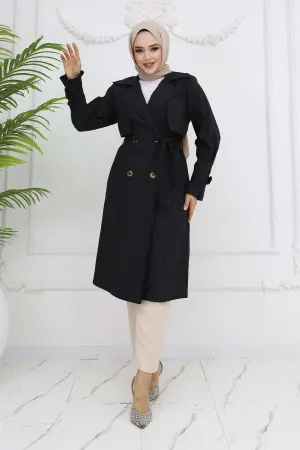 Striped Trench Coat With Waist And Arm Belt