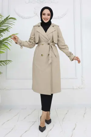 Striped Trench Coat With Waist And Arm Belt