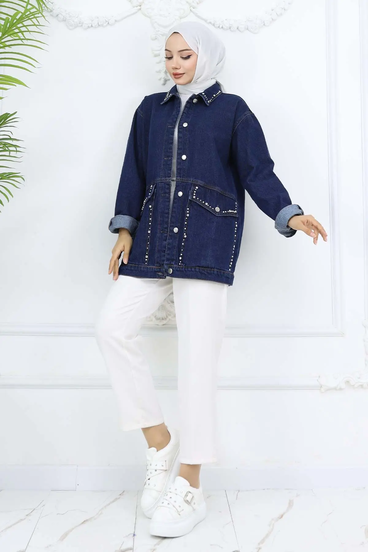 Taş İşlemeli Cepli Kot Ceket Lacivert 7902-detail