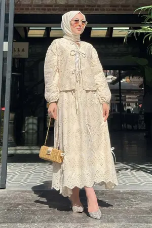 Tied Embroidered Stone Detailed Skirted Suit