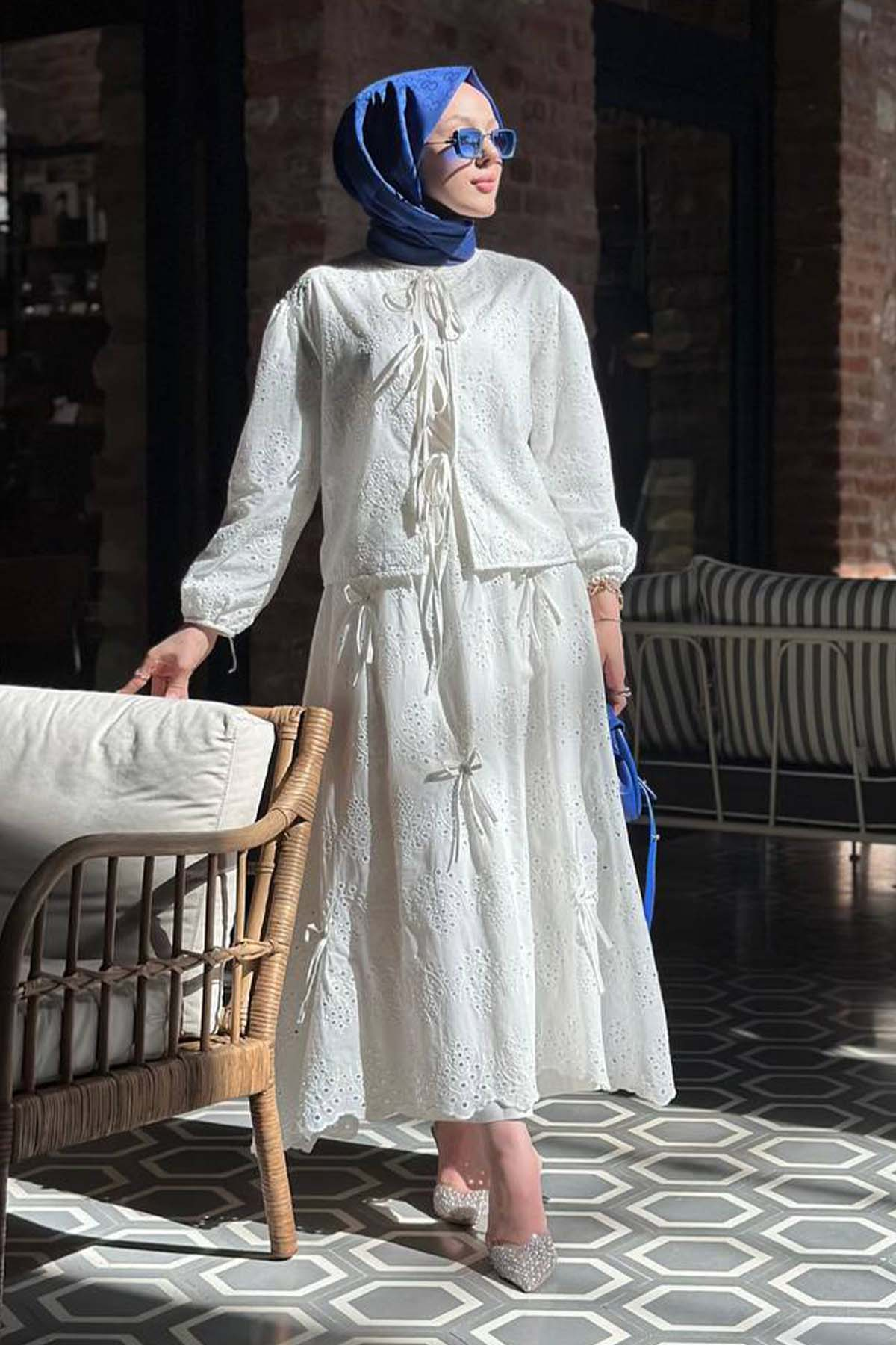 Tied Embroidered Stone Detailed Skirted Suit