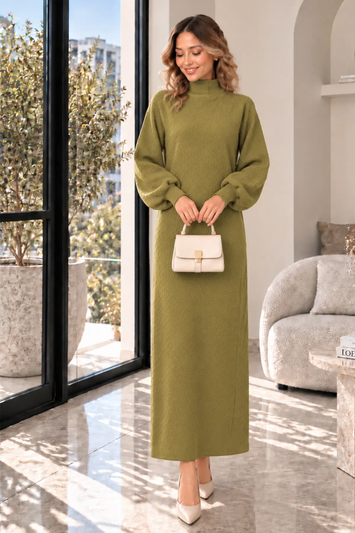 Turtleneck Knit Dress K3048 Olive Green-detail