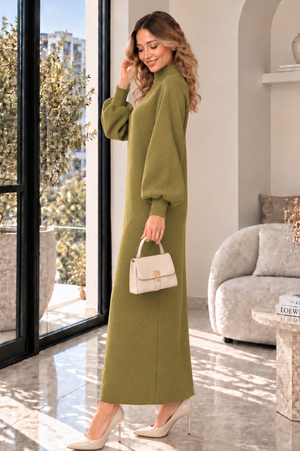 Turtleneck Knit Dress K3048 Olive Green