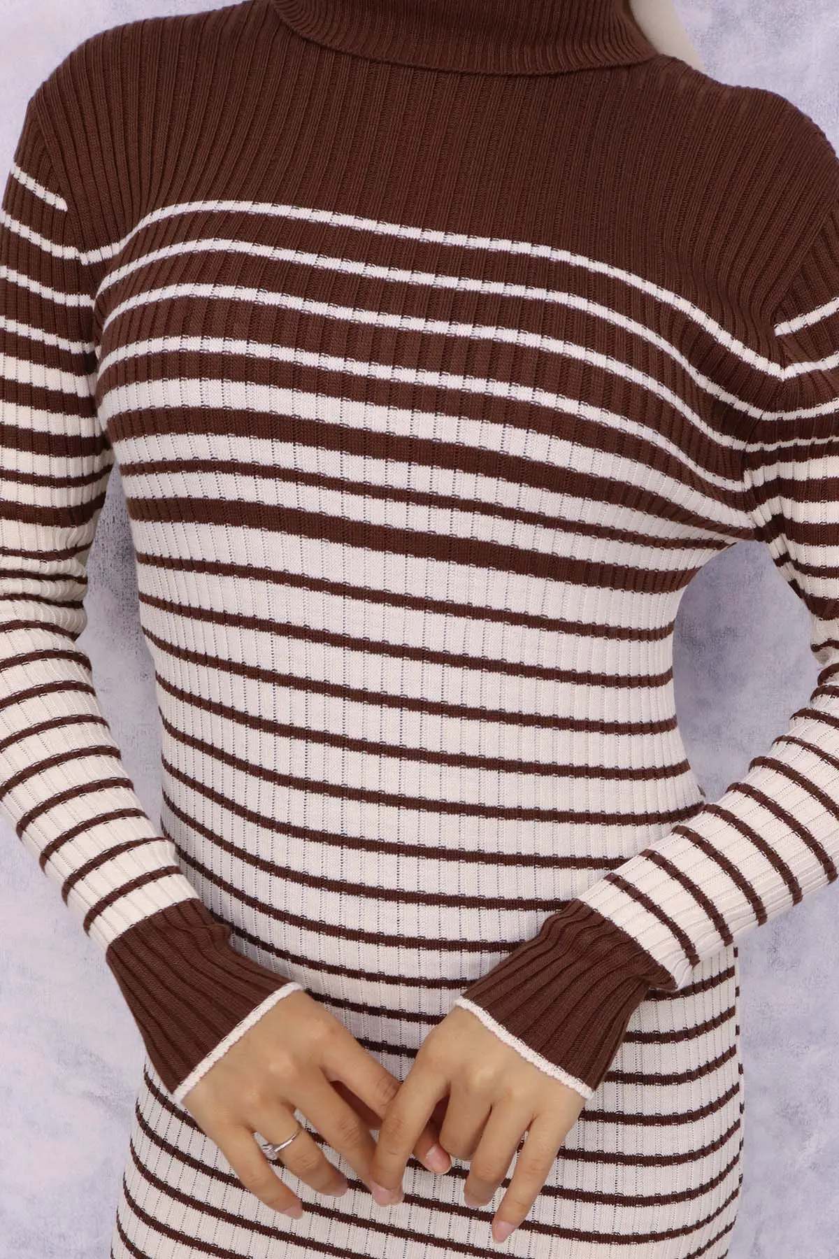 Turtleneck Striped Sweater Dress-detail